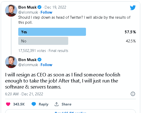 ایلون مسک ٹویٹر کے سی ای او کے عہدے سے مستعفی ہو جائیں گے ۔ متبادل ملتے ہی 1 musk tweets